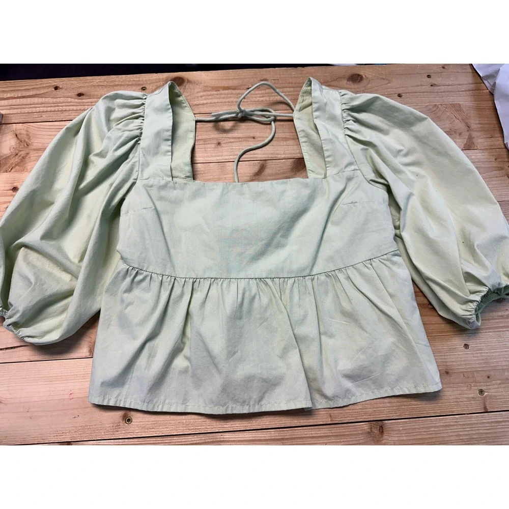 Abercrombie‎ & Fitch XS Green Puff Sleeve Square Neck Peplum Top Blouse